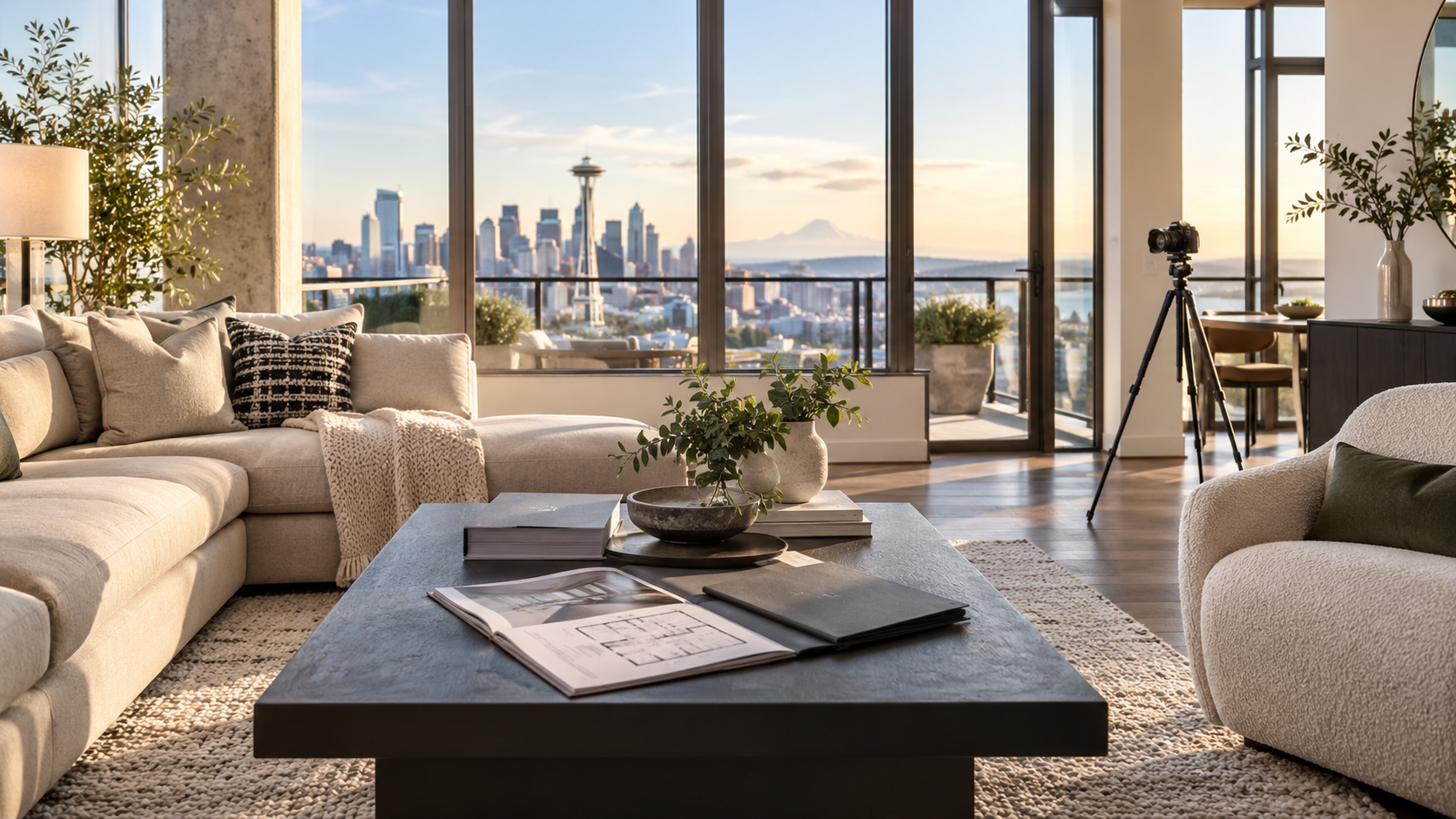 Prepared Seattle living room at golden hour with a camera on a tripod and windows overlooking the Space Needle and downtown skyline
