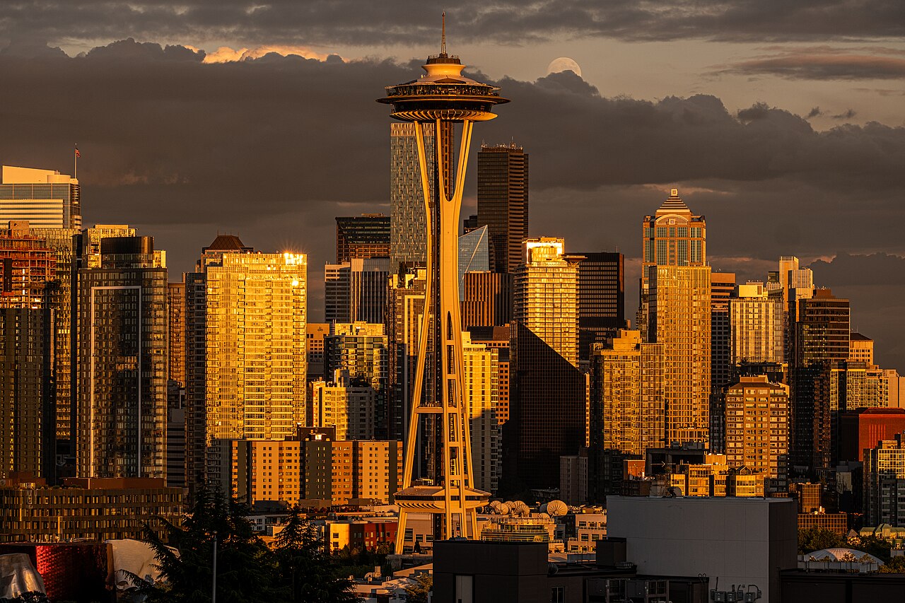Space Needle and Seattle skyline at sunset, photographed from Kerry Park in June 2026